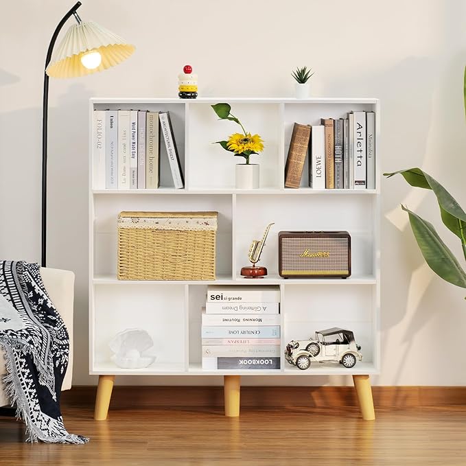 YAHARBO 8 Cube White Bookshelf,3 Tier Book Shelf with Legs,Modern Minimalist ...
