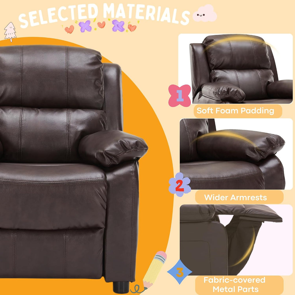 Kids Recliner Chair Storage Arms Reclining Toddler Push Back Sofa Ages 2-8 | 2 Flip-up Storage Arms, PU Leather, Adjustable Footrest, Reading Gaming Relaxing Sleeping, Children Child Youth Boys Girls