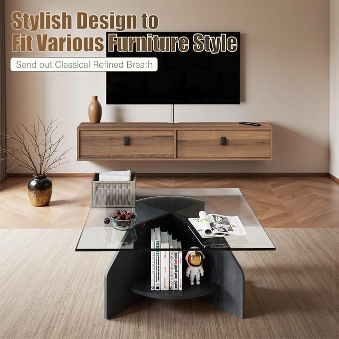 Solid Wood Floating TV Shelf, 55'' Wall Mounted TV Cabinet, Floating Shelves with 2 Doors, Wooden Mid-Century Entertainment Media Console Center Large Storage Under TV (Walnut)