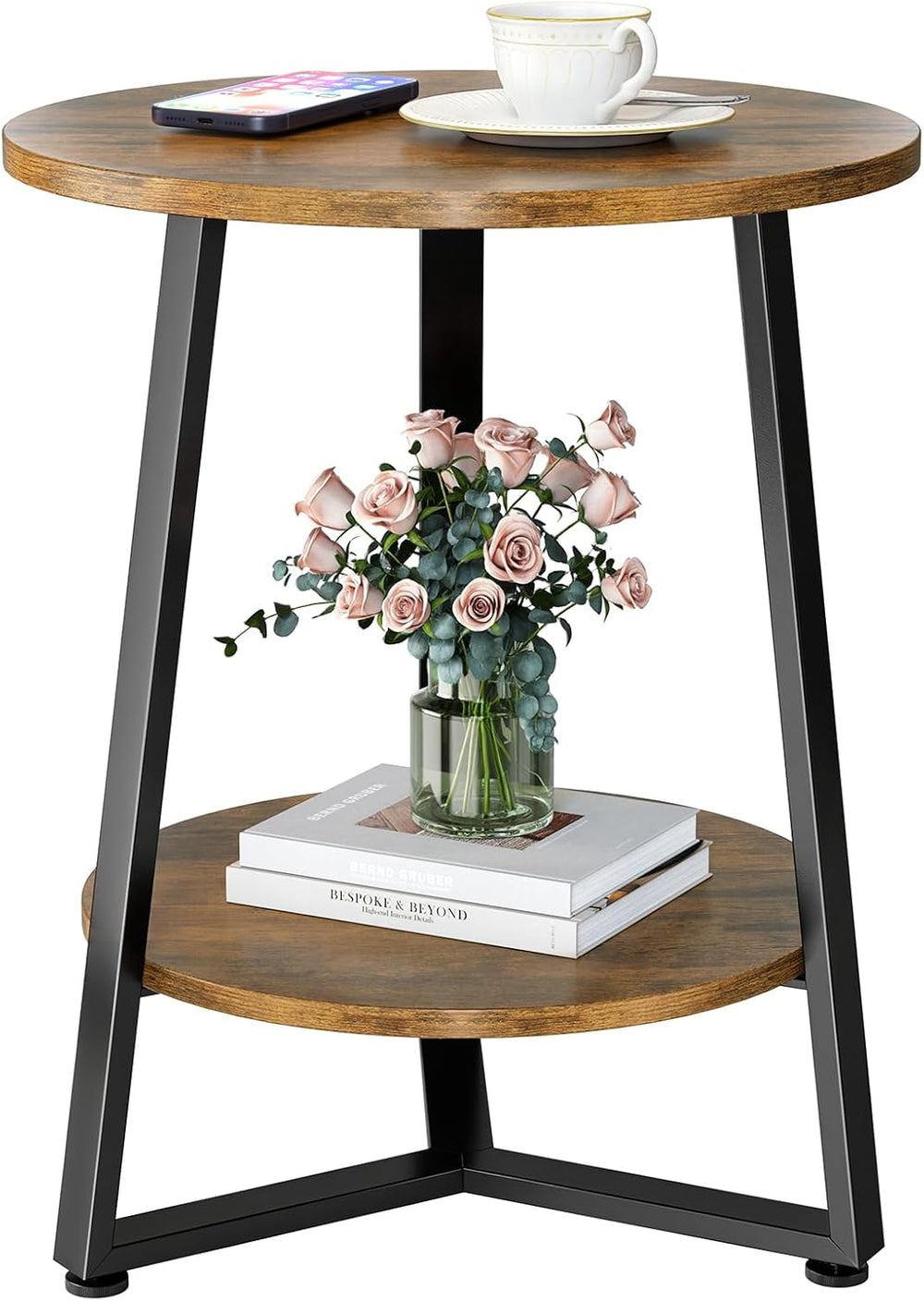 Round Side Table, 2-Tier Small End Table with Storage Shelf, Ultra Stable Cof...