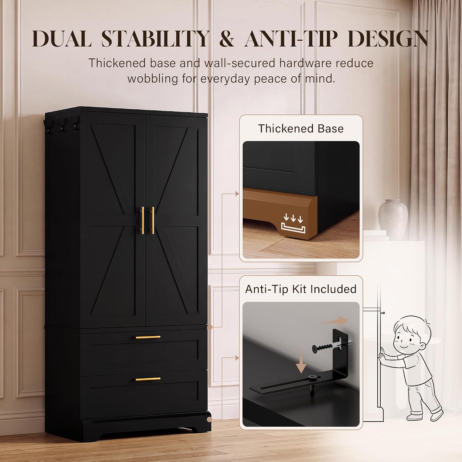 YESHOMY 70.9" Armoire Wardrobe Closet with Sensor Light, 2 Drawers (Black) | 20" Deep Design, Side Hooks, Soft-Close Hinges, Thickened Base Support