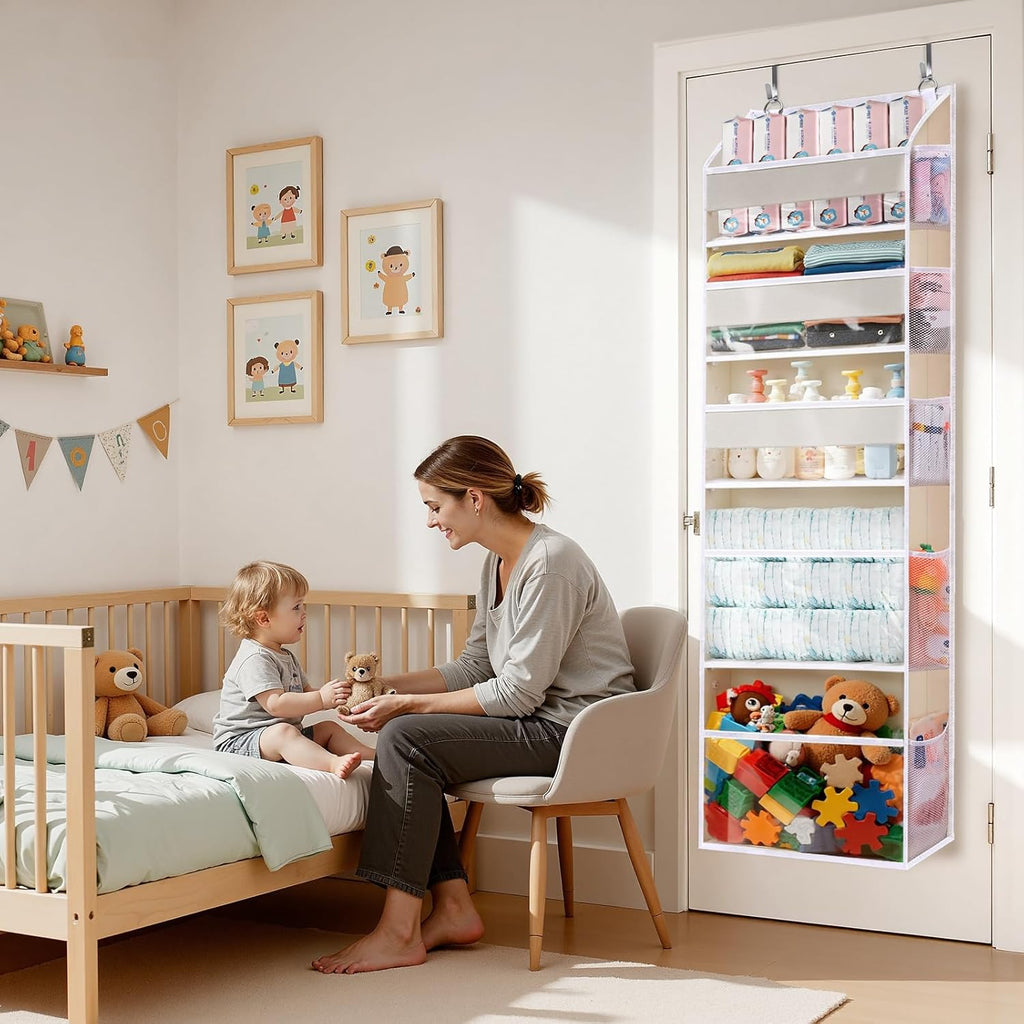 5 Tiers Over Door Organizer with 10 Mesh Side Pockets, 50 lbs Weight Capacity Hanging Storage Organizer with Clear Window Kids Toys, Shoes, Diapers, Beige