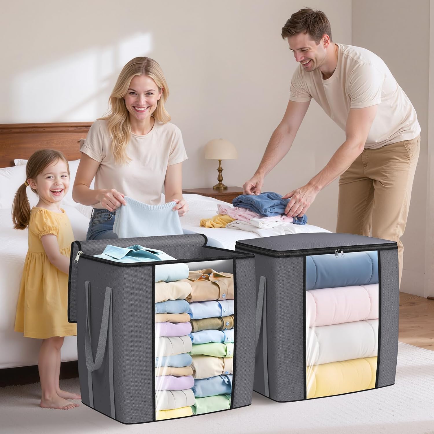 120L Extra Large Clothes Storage Bags, Foldable Blanket Storage and Organization, Thick Fabric Containers with Reinforced Handles & Zippers for Clothing, Comforters, Bedding, Gray, 1 Pack