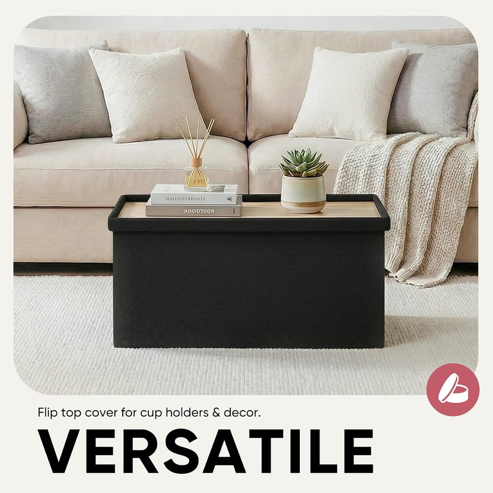 30 Inch Folding Storage Ottoman with Reversible Lid Coffee Table, Linen Fabri...