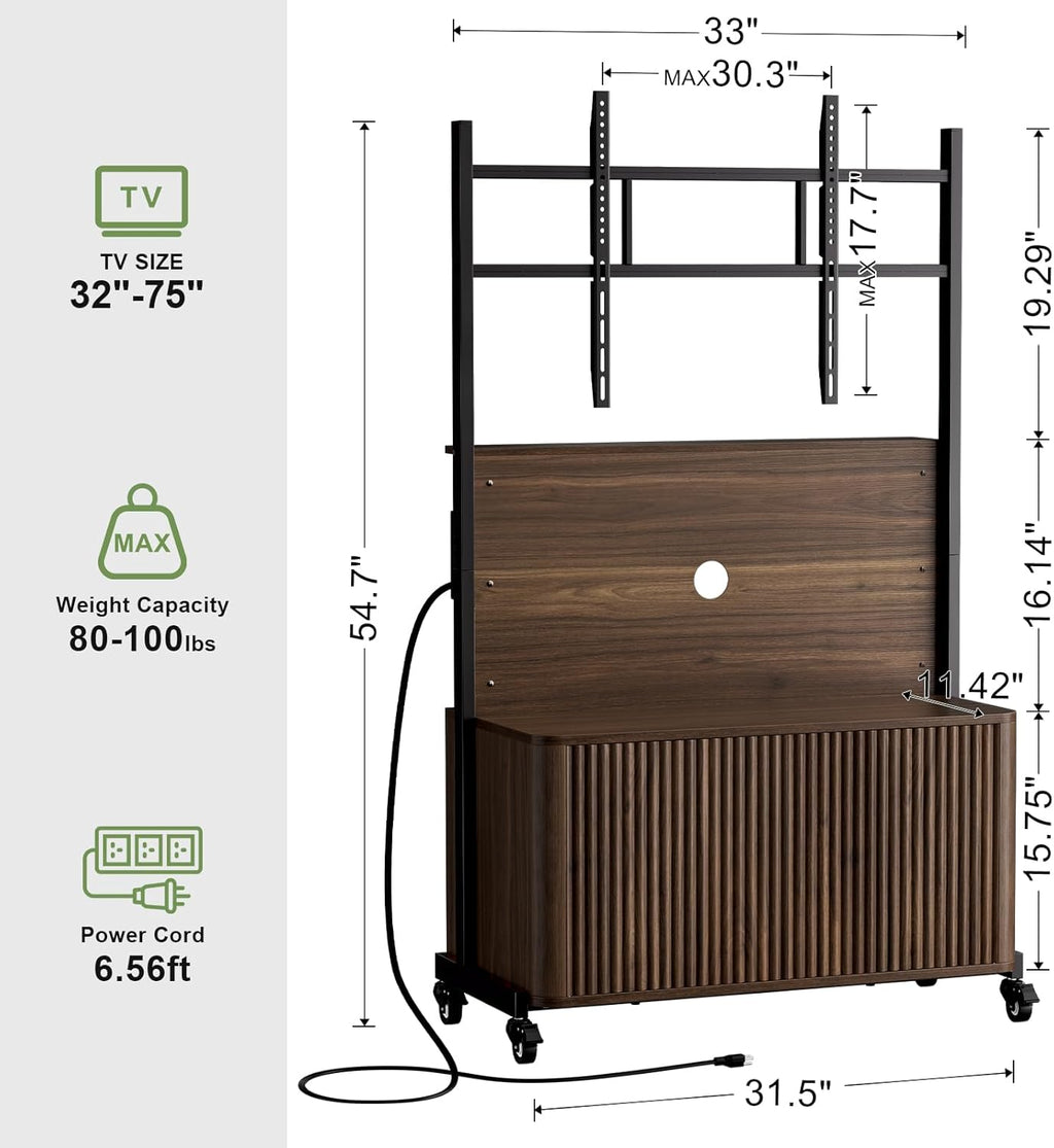 Planimetry Rolling TV Stand with Mount for 32-75 Inch TVs, Height Adjustable Mobile TV Stand with Lockable Wheels, Fluted Cabinet Entertainment Center with Power Outlet & Storage, Walnut