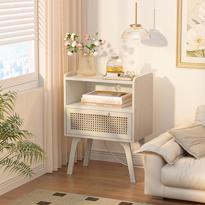 Lerliuo Rattan Nightstands Set of 2 with Charging Station, Side Table with Dr...
