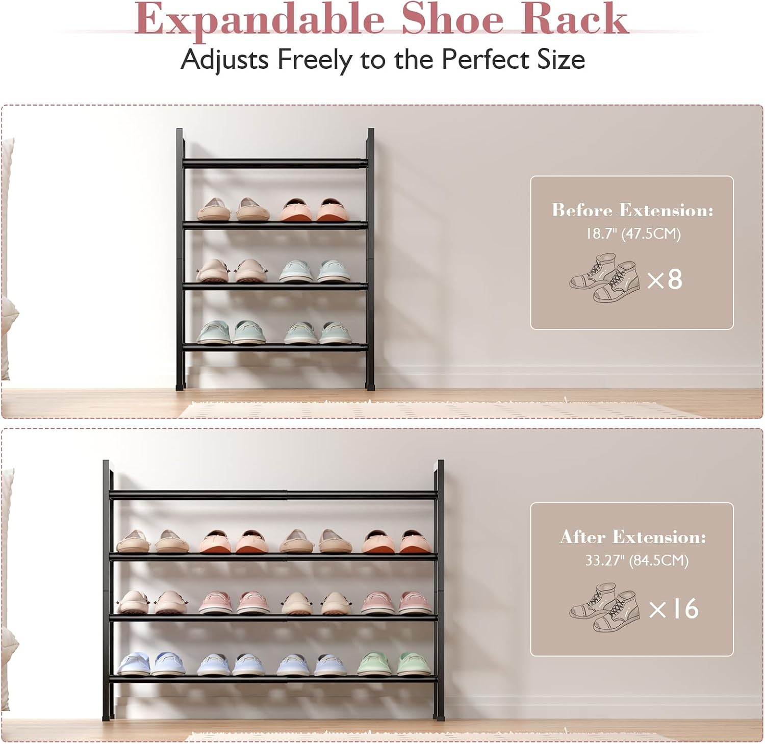 Bumusty 4 Tier Expandable Shoe Rack for Closet, Black | 18"-33" Adjustable Shoe Rack for Entryway, Small Shoe Organizer for Dorm, Front Door, Sturdy Metal