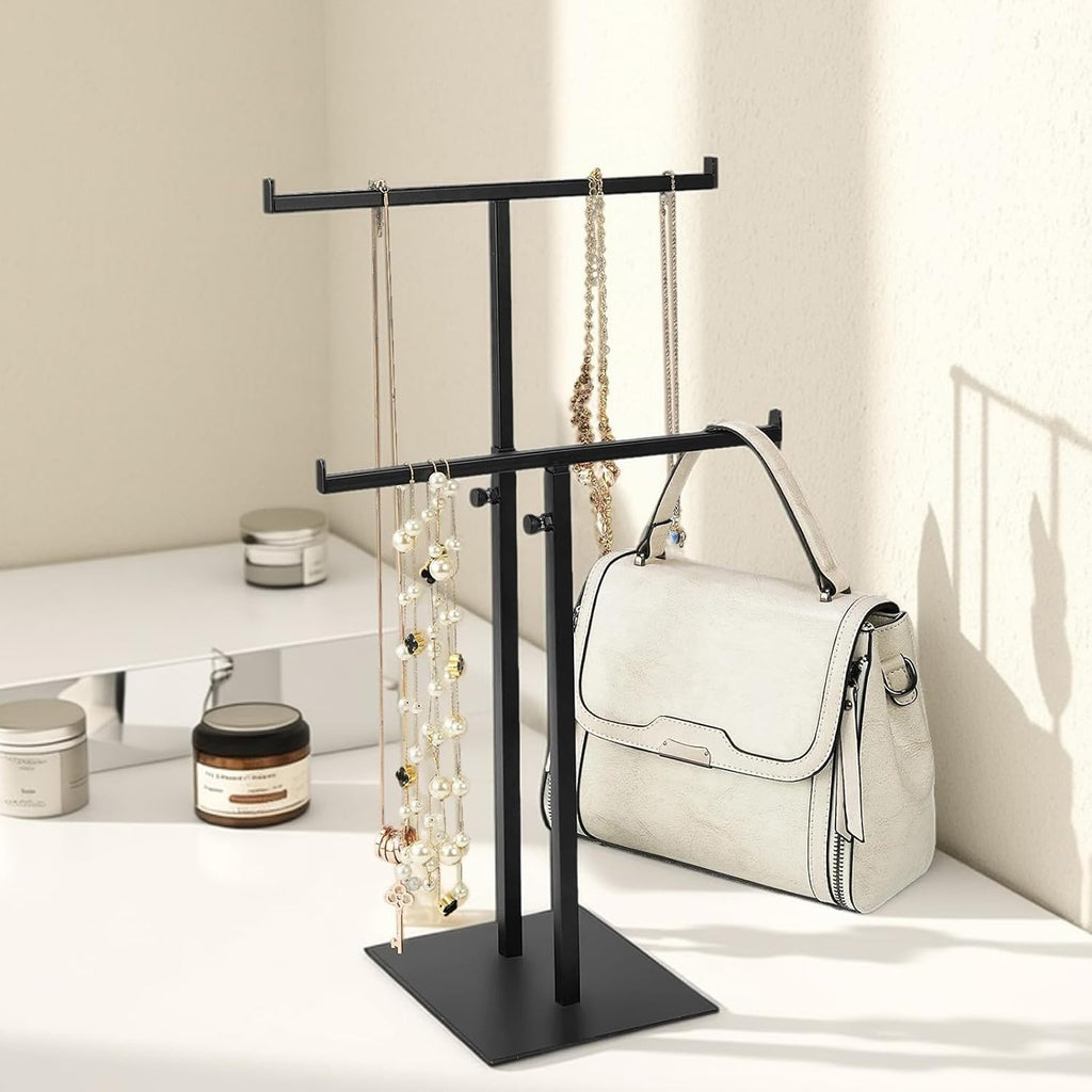 Purse Display Stand Jewelry Towers, Black Double T-Shaped Tabletop Stainless Steel Hook Hanging Adjustable Height Handbag Holder for Organizer Luxury Bags Necklaces Home Store Boutique Retail Closet