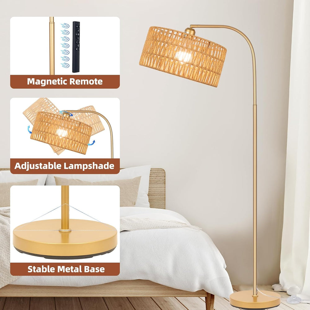 Gold Floor Lamps, Boho Floor Lamp for Room,Farmhouse Rattan Standing Lamps