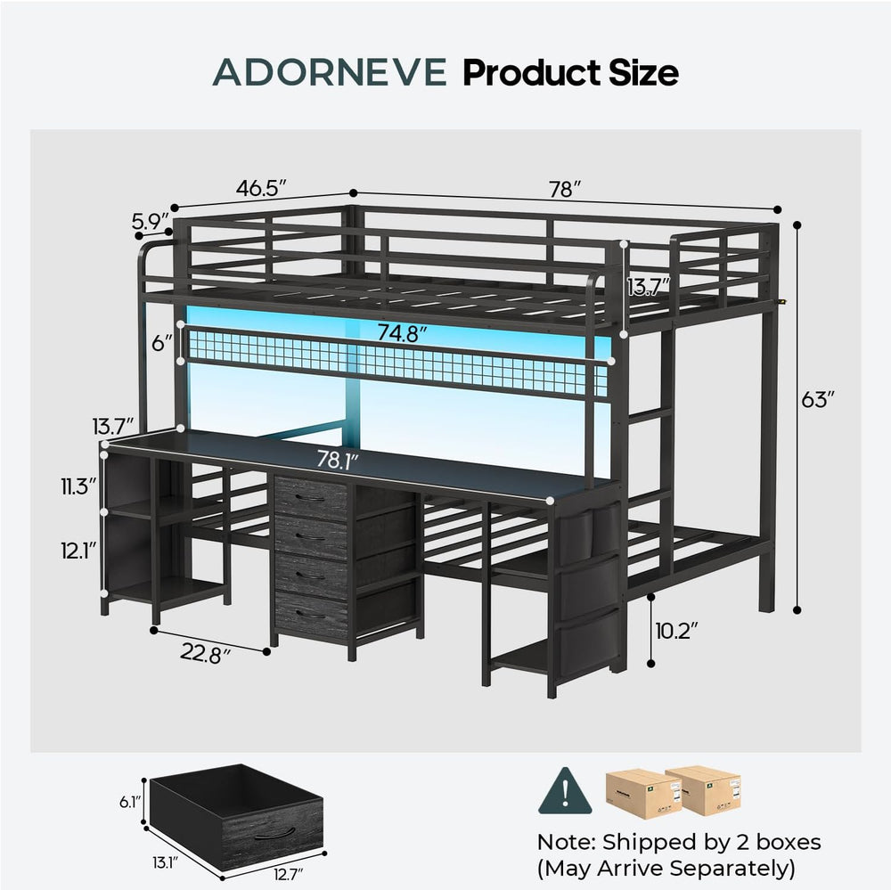 ADORNEVE Bunk Bed Twin Over Twin with 2 Person Desk, LED Lights, Black