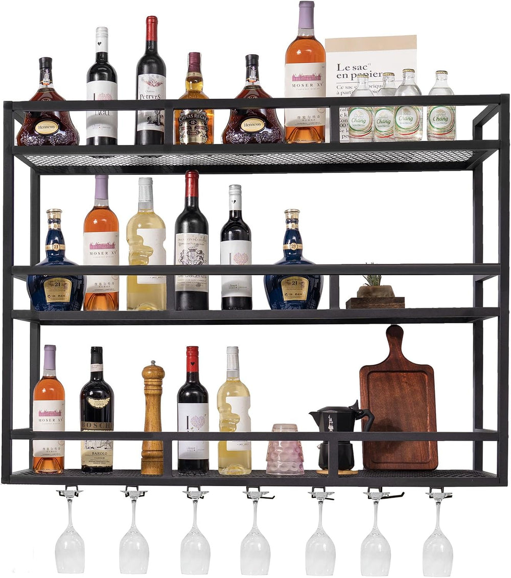 Wall-Mounted Wine Rack, 39" Metal Bar Shelves with Bottle Glass Holder |...