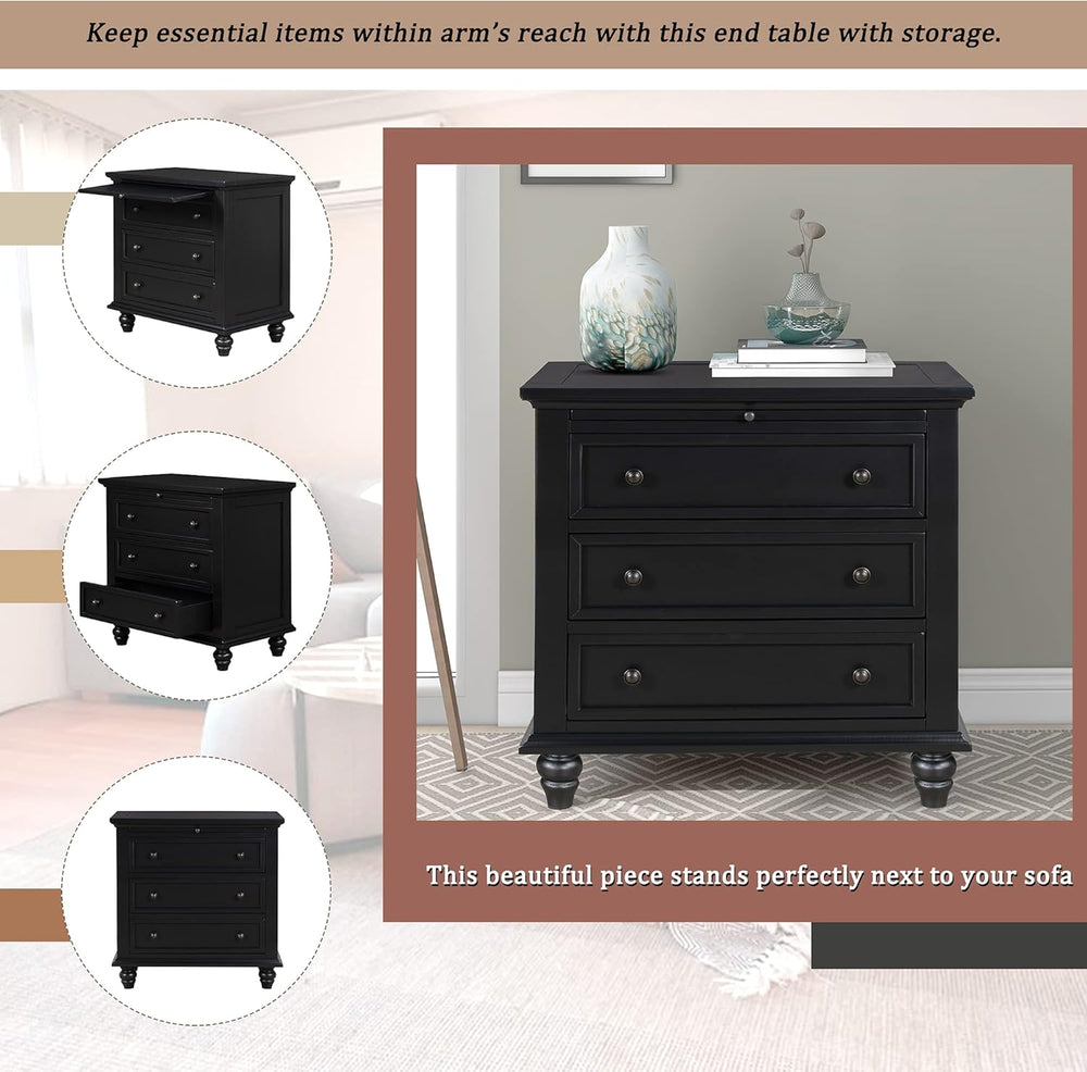 3-Drawer Storage Wood Cabinet, End Table Set of Two with Pull Out Tray As A B...