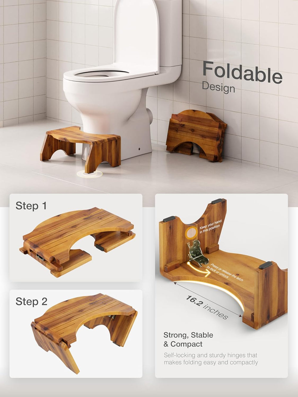 7” Acacia Wood Foldable Toilet Stool,Round Edge No Assembly Required