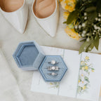WantGor Velvet Jewelry Ring Box, 3 Slots Hexagon Ring Gift Box Ring Holder | Vintage Ring Display Case for Wedding Ceremony Proposal Engagement (Ocean Blue, 3 Slots)