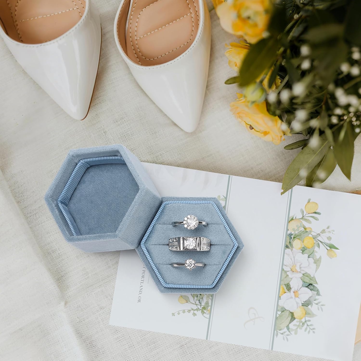 WantGor Velvet Jewelry Ring Box, 3 Slots Hexagon Ring Gift Box Ring Holder | Vintage Ring Display Case for Wedding Ceremony Proposal Engagement (Ocean Blue, 3 Slots)