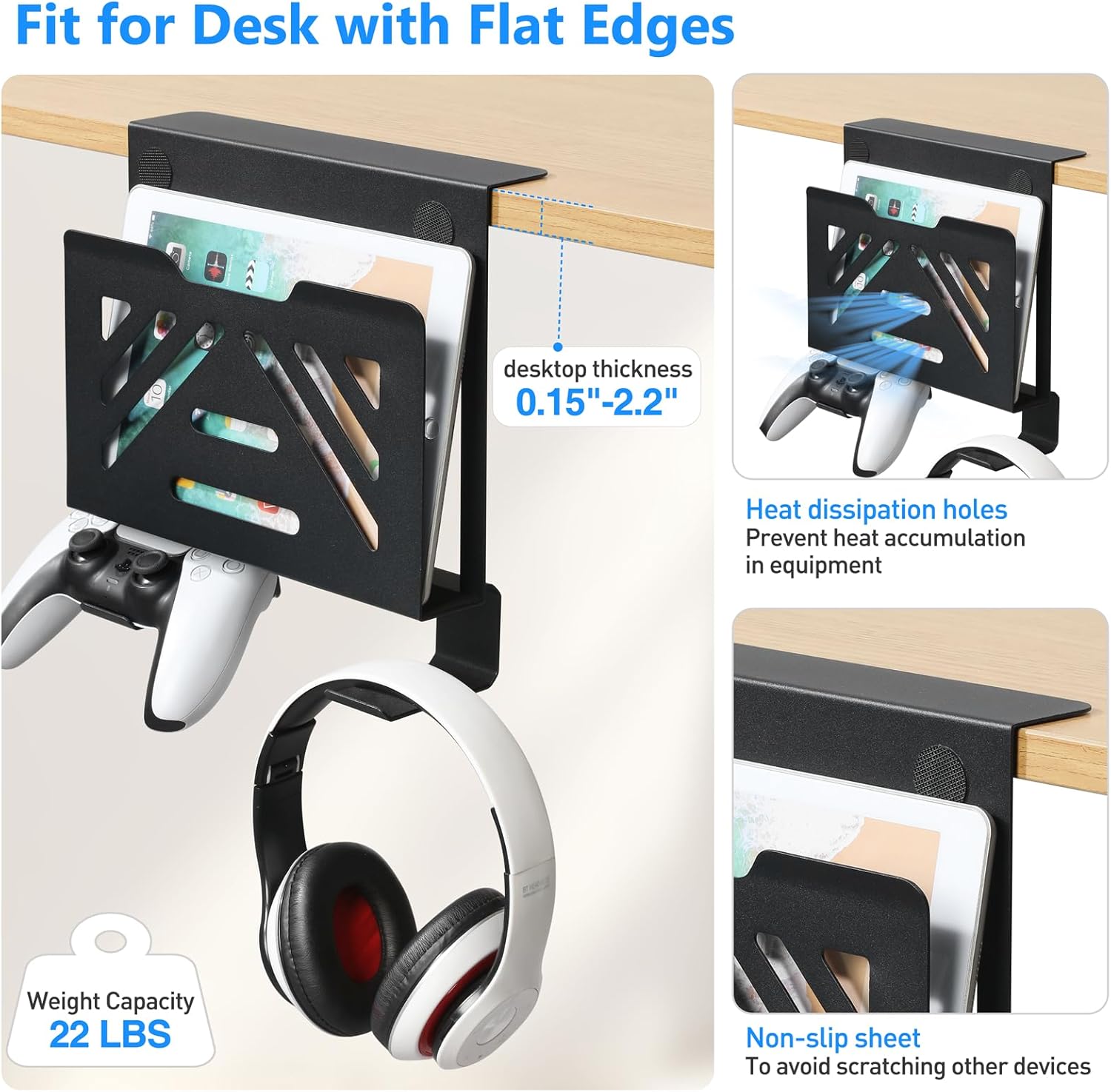 MAXECHO Desk Side Storage, Under Desk Laptop Mount, Table Side Hanging File Organizer, No Drill Clamp On Cable Management Tray, Laptop Holder with 2 Hooks for Office and Home, Load 22 Lbs