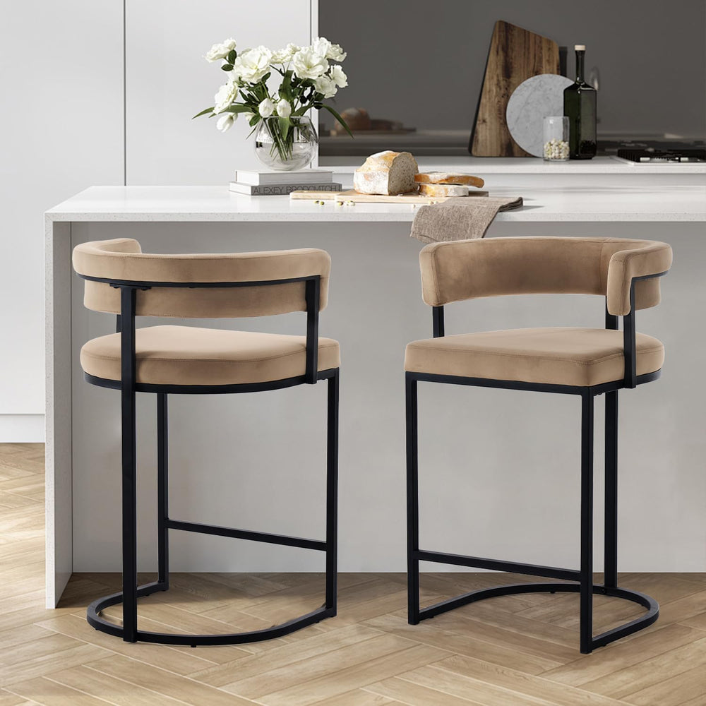 Modern Barrel Bar Stools Set of 2, 26" Counter Height Stools, Velvet Cou...