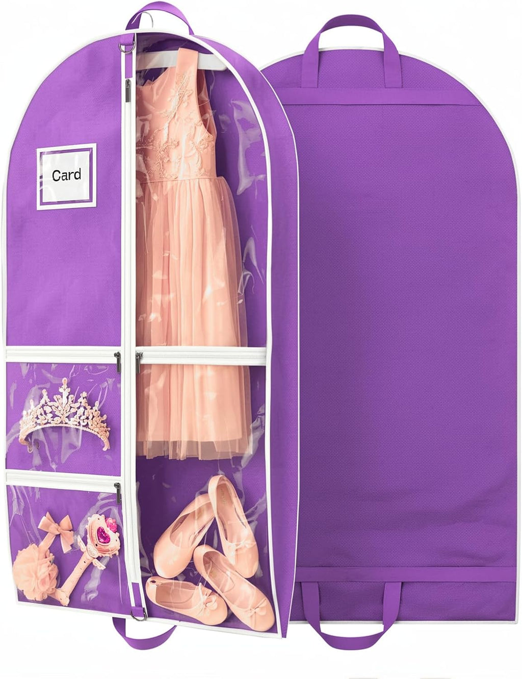 Dance Garment Bag for Hanging Clothes with 3 Zipper Clear Pockets Dance Accessories Essentials Uniform Costume 40 Inch Dress Bags for Dance Competition (Purple White, 1Pack 40")