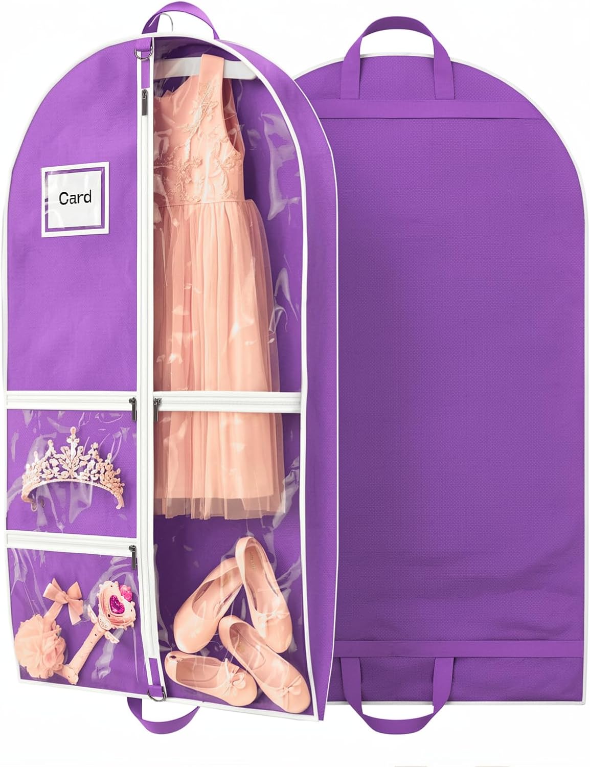 Dance Garment Bag for Hanging Clothes with 3 Zipper Clear Pockets Dance Accessories Essentials Uniform Costume 40 Inch Dress Bags for Dance Competition (Purple White, 1Pack 40")