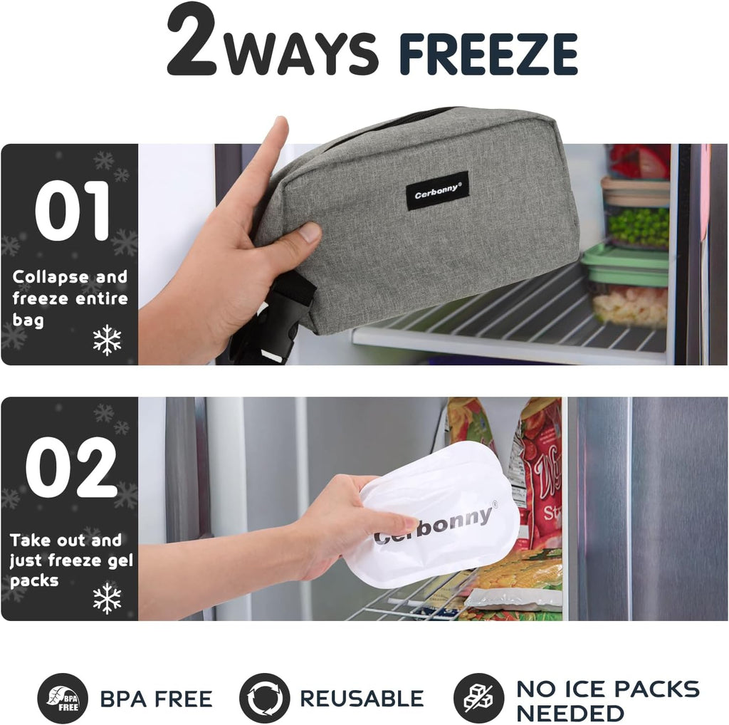 Cerbonny Cooler Bag Freezable Lunch Bag for Work School Travel,Leak-proof Small Lunch Bag,Small Insulated Bag For Kids 3+/Adults,Freezer Lunch Bags,Freezable Snack Bag,Grey