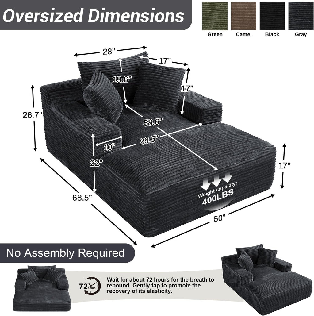 50" x 68" Corduroy Chaise Lounge, Boneless Sofa Bed, Dark Gray | Oversized corduroy chaise with a deep boneless seat, sleeper design, and 3 pillows for reading, lounging.