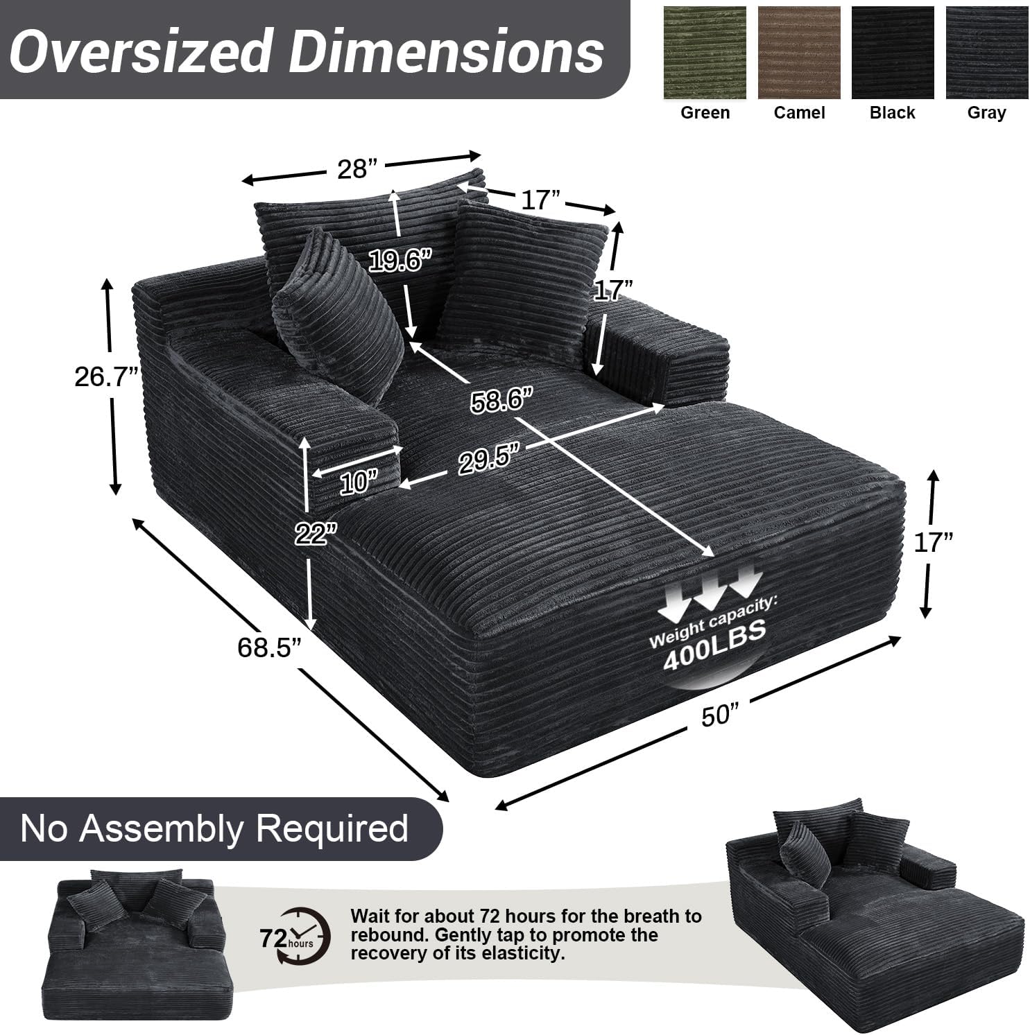 50" x 68" Corduroy Chaise Lounge, Boneless Sofa Bed, Dark Gray | Oversized corduroy chaise with a deep boneless seat, sleeper design, and 3 pillows for reading, lounging.