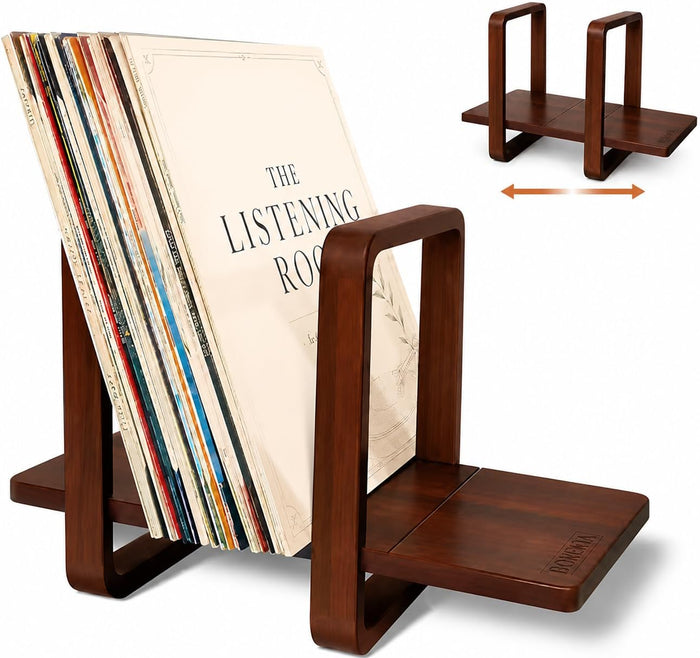 Vinyl Record Storage, Solid Acacia Wood Stand, Adjustable Holder, 10-60 LPs