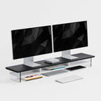 Dual‑Tier Monitor Stand for Modern Desk Setup – Minimalist Wooden and Metal Riser Shelf with Transparent Acrylic Feet for Dual Monitors, Laptops, Home Office Aesthetic，Black and White