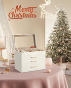SONGMICS Jewelry Box Organizer with Glass Lid, 4-Layer Jewelry Storage, with 3 Drawers, Modern Style, Christmas Gift, 6 x 9.9 x 8.5 Inches, Cloud White and Gold Color UJBC161W01