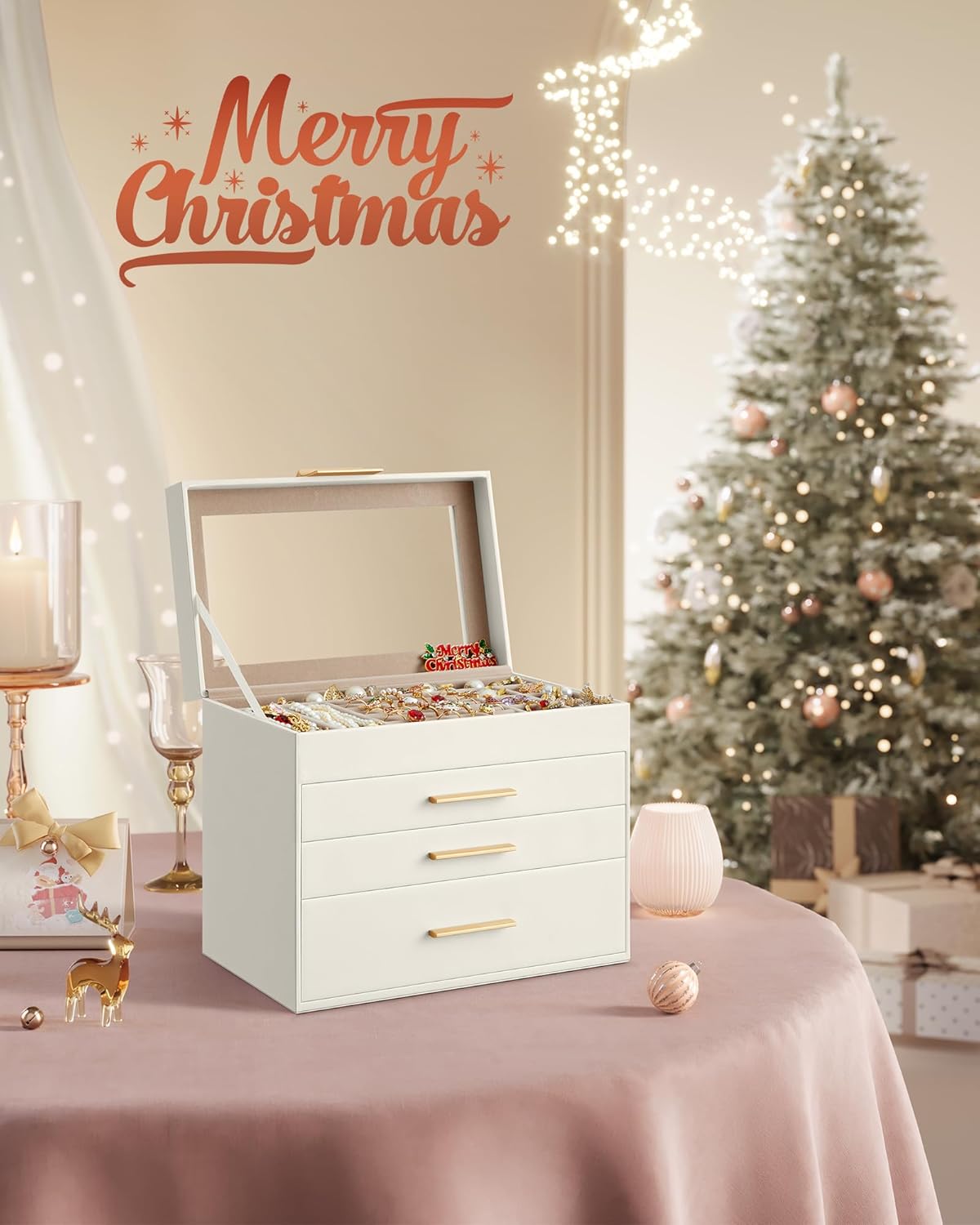 SONGMICS Jewelry Box Organizer with Glass Lid, 4-Layer Jewelry Storage, with 3 Drawers, Modern Style, Christmas Gift, 6 x 9.9 x 8.5 Inches, Cloud White and Gold Color UJBC161W01
