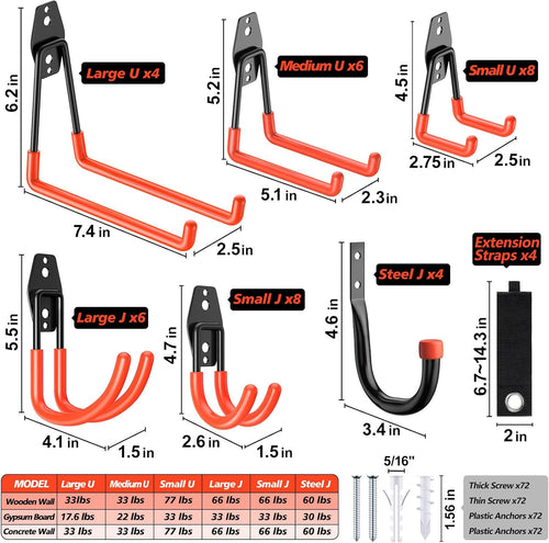 40 Pack Heavy Duty Garage Hooks,Solid Steel Wall Mount Hangers,with Anti-Slip Coating,for Hanging and Organising Ladder,Bike,Ropes,Broom,Garden,Yard and Power Tools