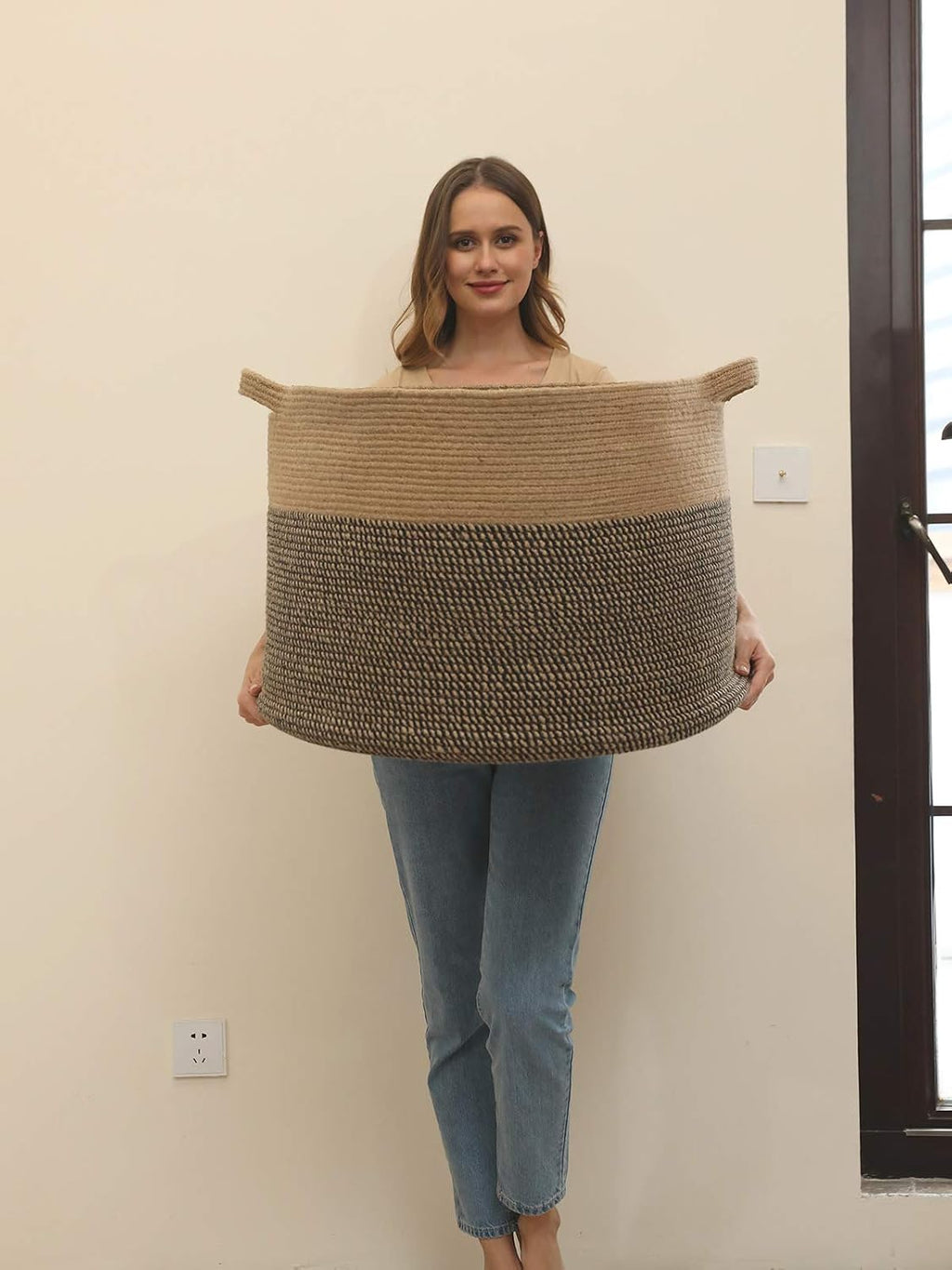 24x24x17 Inch Extra Large Round Blanket Basket for Living Room, Open Woven Cotton Rope Storage Basket, Jumbo Bin for Bedroom Playroom, Jute & Black Mix