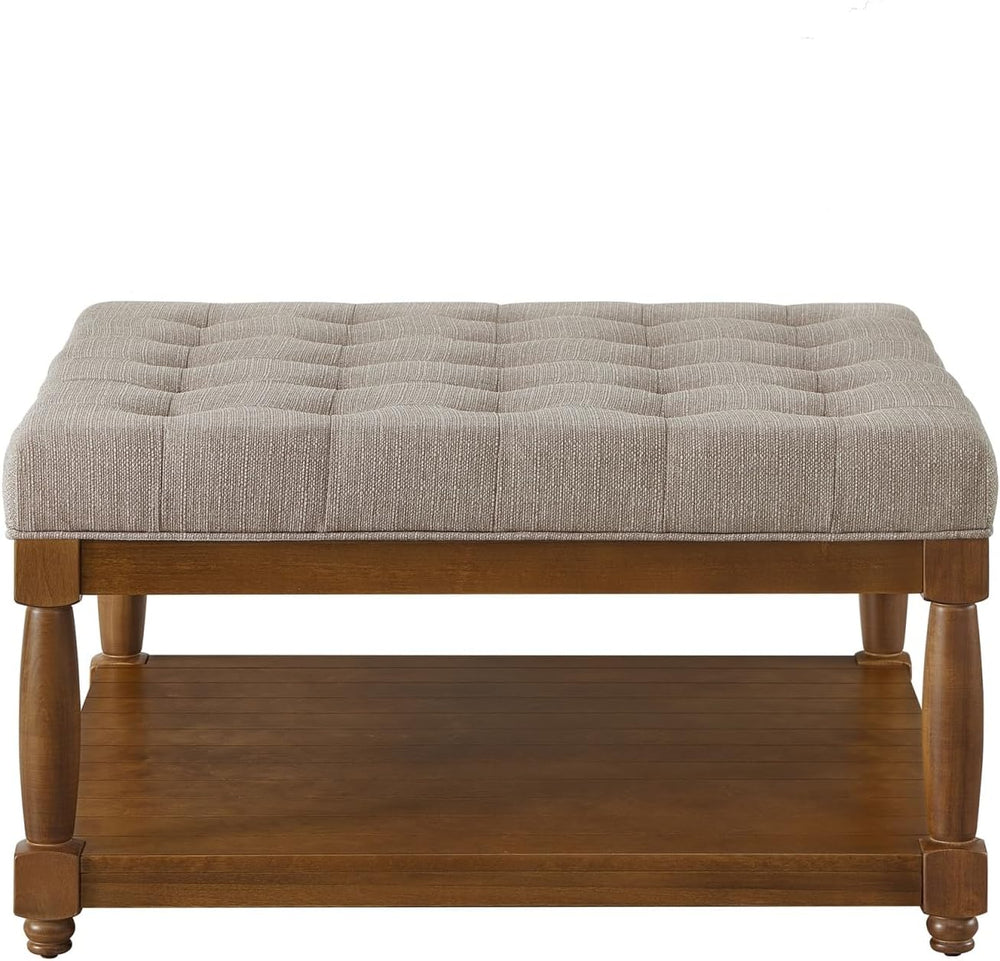 Large Square Upholstered Tufted Linen Ottoman Coffee Table, Large Footrest Ot...