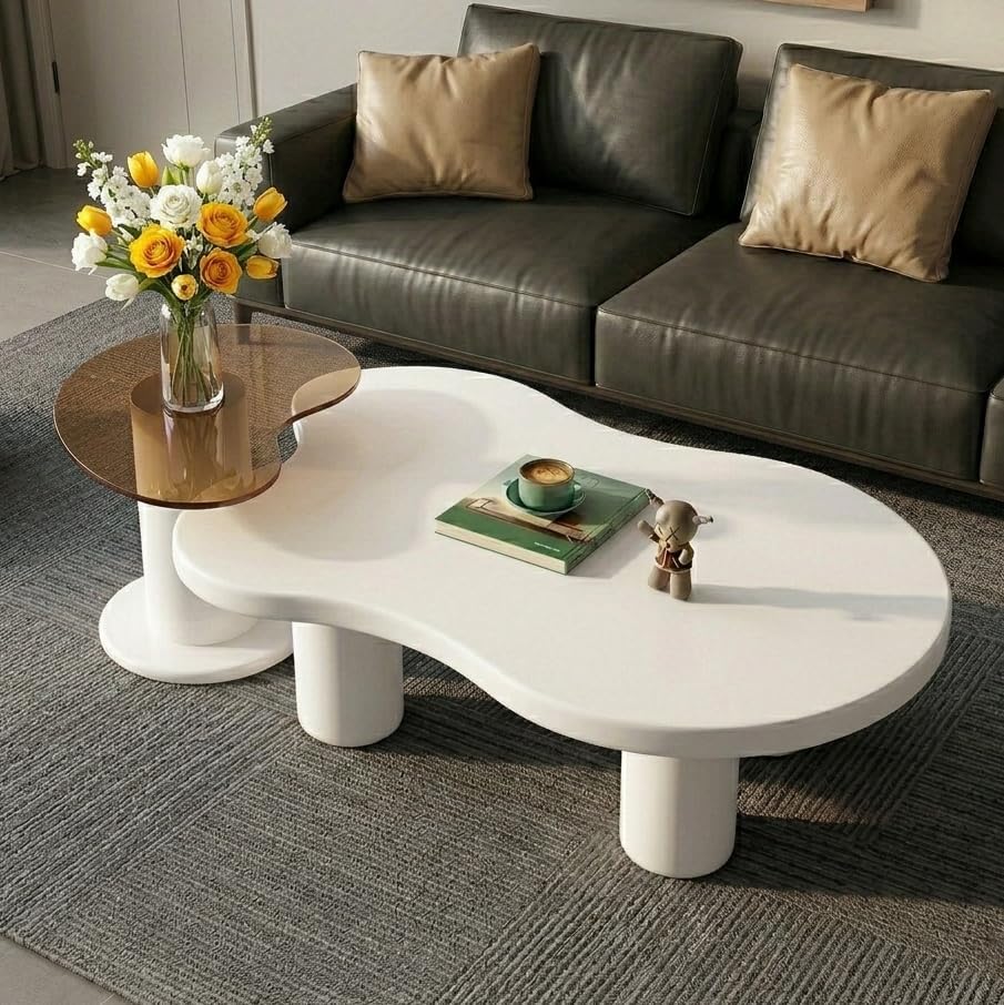 Modern Nesting Coffee Table Set of 2 Irregular Cloud Shape Cream White Center Table Space Saving eAccent Tables for Living Room Apartment Bedroom Office Minimalist Decor