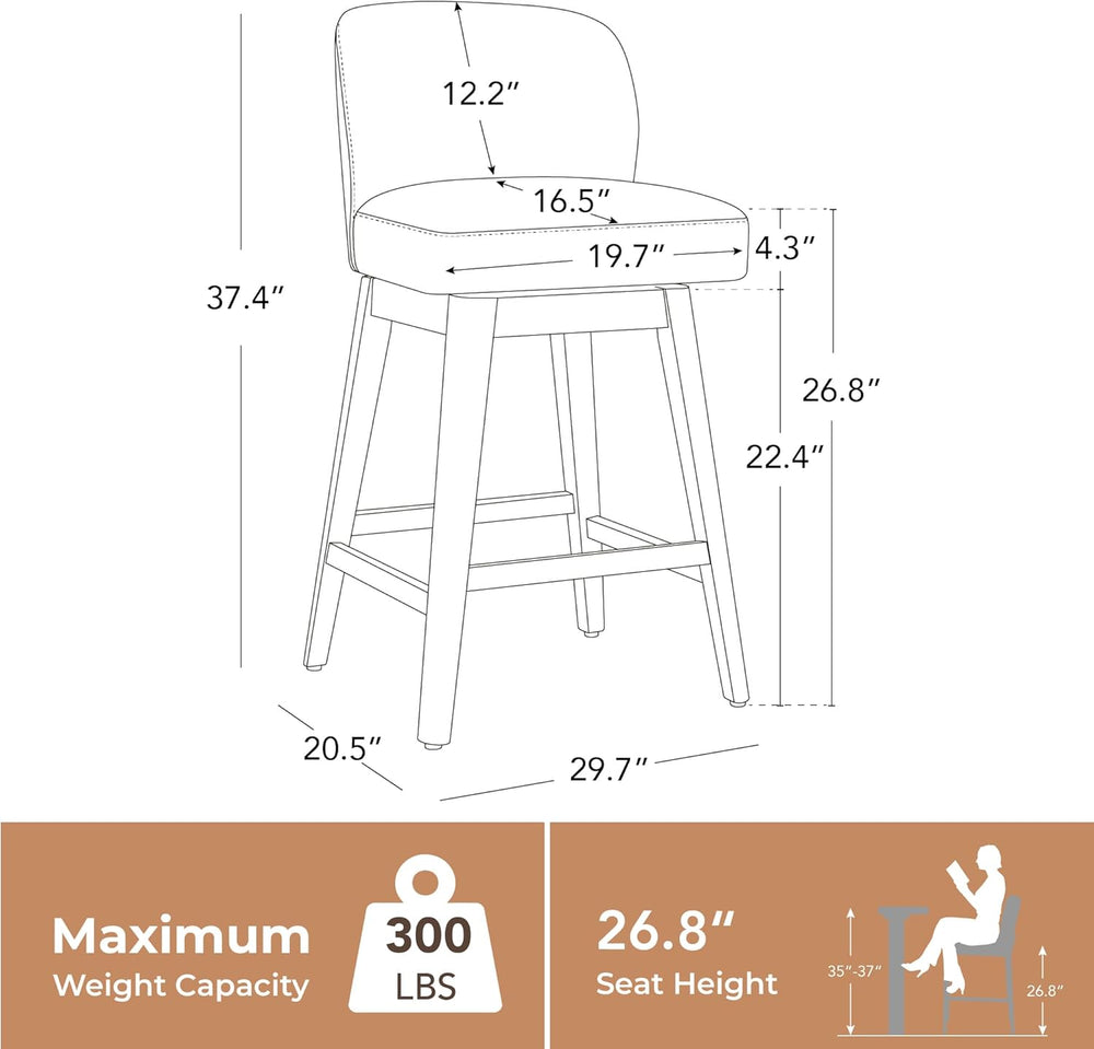 CHITA 26.8" Swivel Counter Stool, Set of 2, Cream Chenille