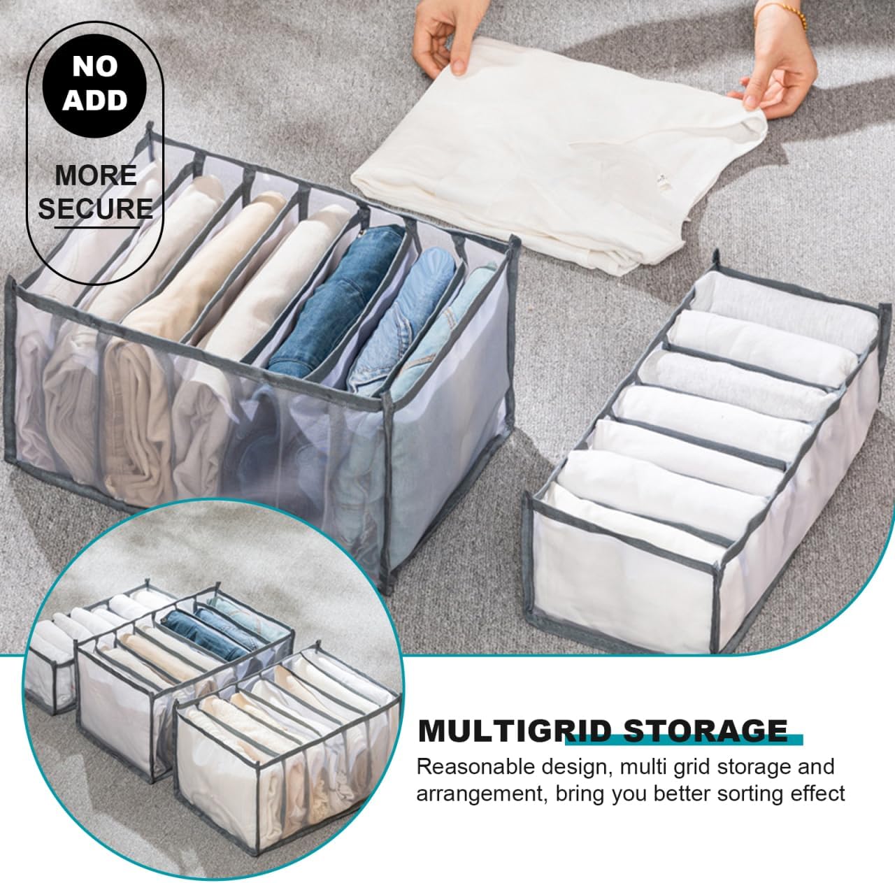 Clothes Organizer and Underwear Drawer Box, Medium 6-compartment Pants Dividing Storage Bin, Grey Mesh Fabric, Closet Storage for Travel and Home Wardrobe