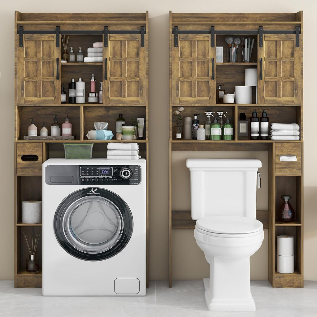 Over The Toilet Storage Cabinet, Farmhouse Storage Cabinet Over Toilet with Sliding Doors，Home Space-Saving Toilet Rack, for Bathroom, Restroom, Laundry. Brown