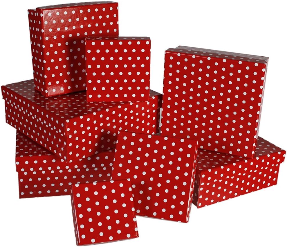 OOTB Red Gift Boxes with White dot, Set of 8, Paper, 22.5 x 22.5 x 8