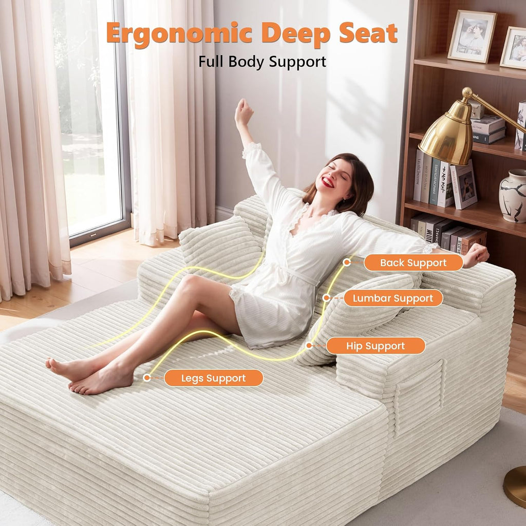 Boneless Chaise Lounge, 67" Oversized Chaise Lounge Chair Indoor with Side Pockets&Wide Armrests, Deep Seat Sleeper Sofa Bed, Cloud Corduroy Couch (Off-White, with Pockets)