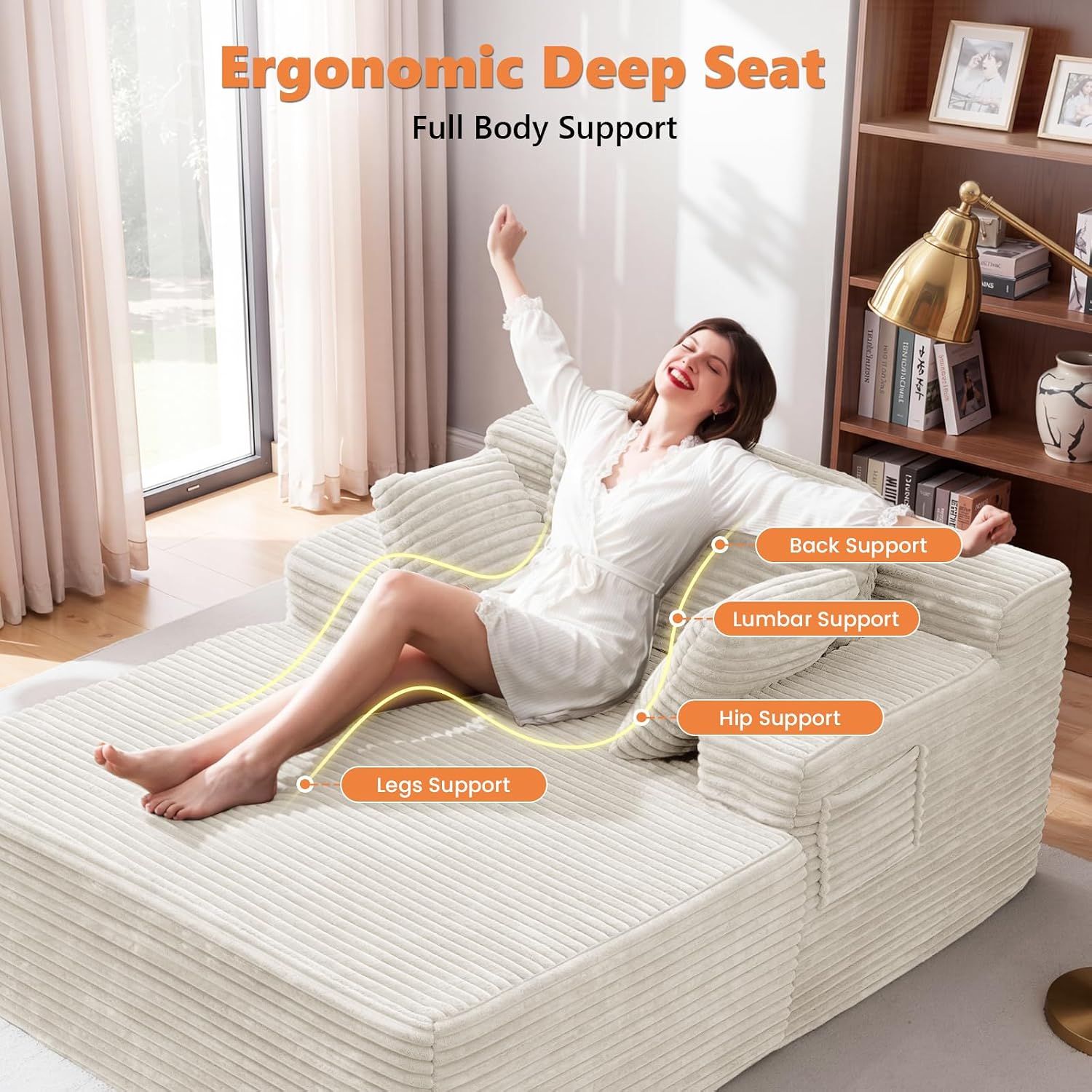 Boneless Chaise Lounge, 67" Oversized Chaise Lounge Chair Indoor with Side Pockets&Wide Armrests, Deep Seat Sleeper Sofa Bed, Cloud Corduroy Couch (Off-White, with Pockets)
