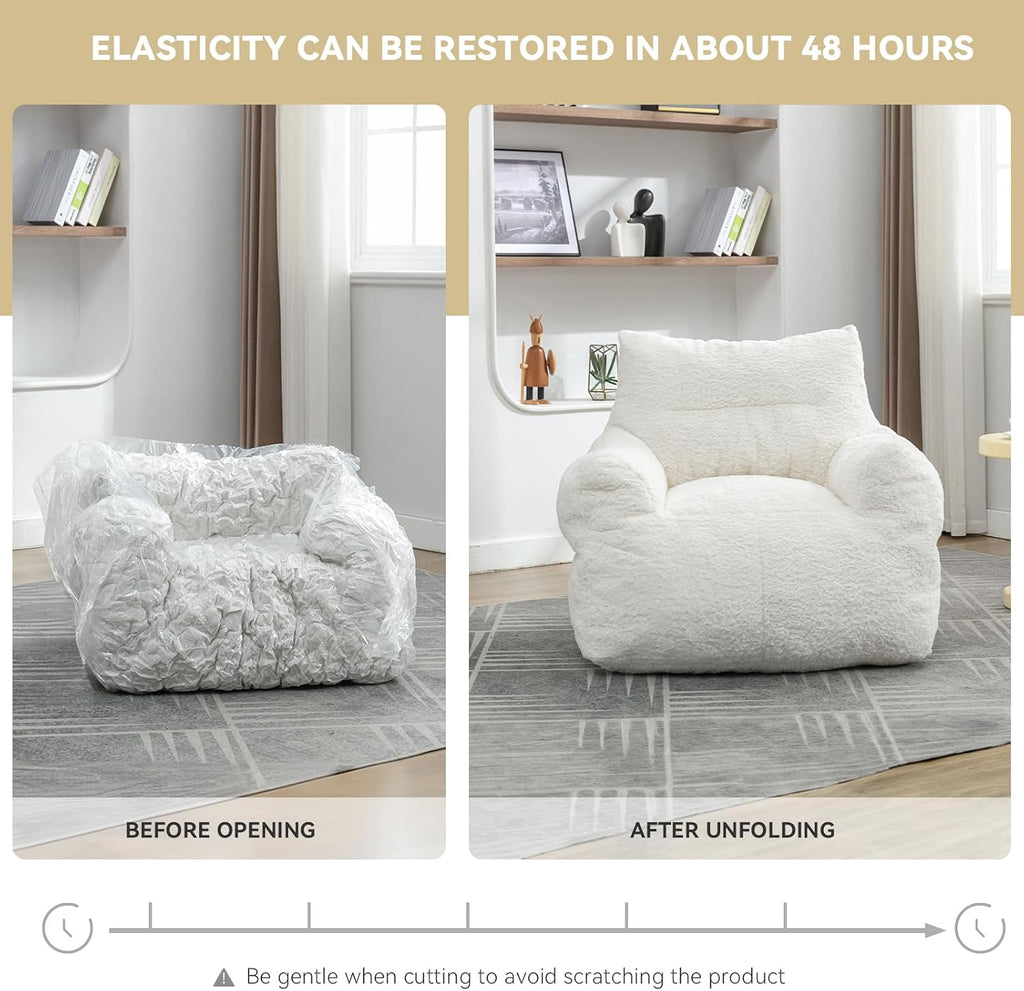 FOXHUNTER Bean Bag Chair with Memory Foam Filling for Adults Ivory | No Assembly Required, Memory Sponge in Small Pieces Filled, Lazy Foam Chair for Bedroom,Living Room