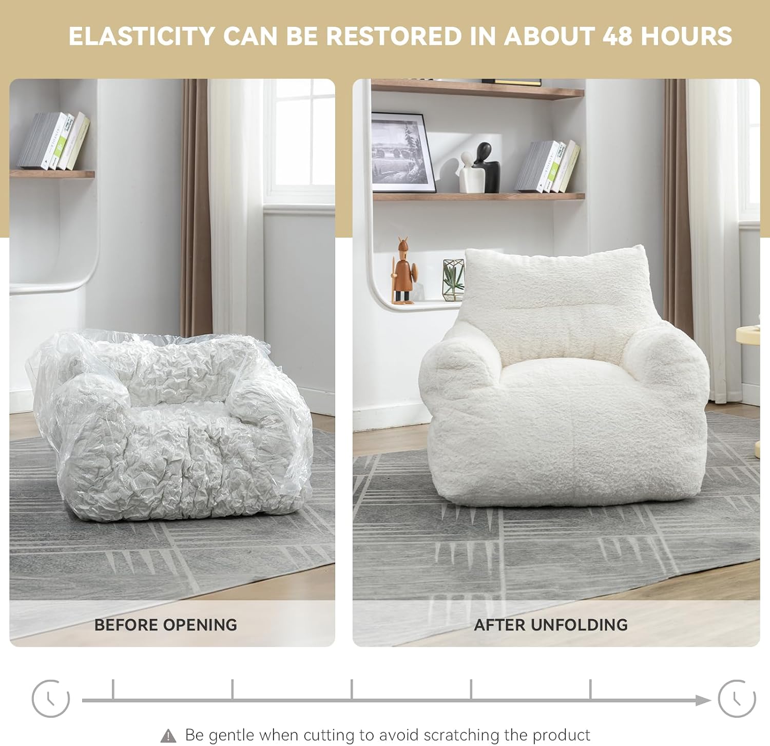 FOXHUNTER Bean Bag Chair with Memory Foam Filling for Adults Ivory | No Assembly Required, Memory Sponge in Small Pieces Filled, Lazy Foam Chair for Bedroom,Living Room