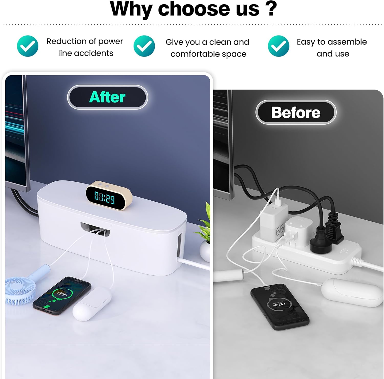 Cable Management Box - Large Cord Organizer Box to Hide Power Strip & Under Desk, TV Computer Wires Cable Organizer Box with Baby Proofs, Desk Cord Organizer for Home/Office - White