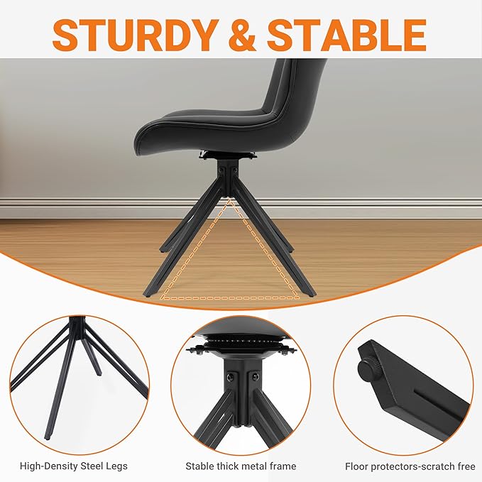 Dining Chairs Set of 2, 360° Swivel Upholstered Mid-Century Modern Kitchen Dining Room Chairs, Armless Faux Leather Accent Side Chair with Padded Back, Metal Leg, Black