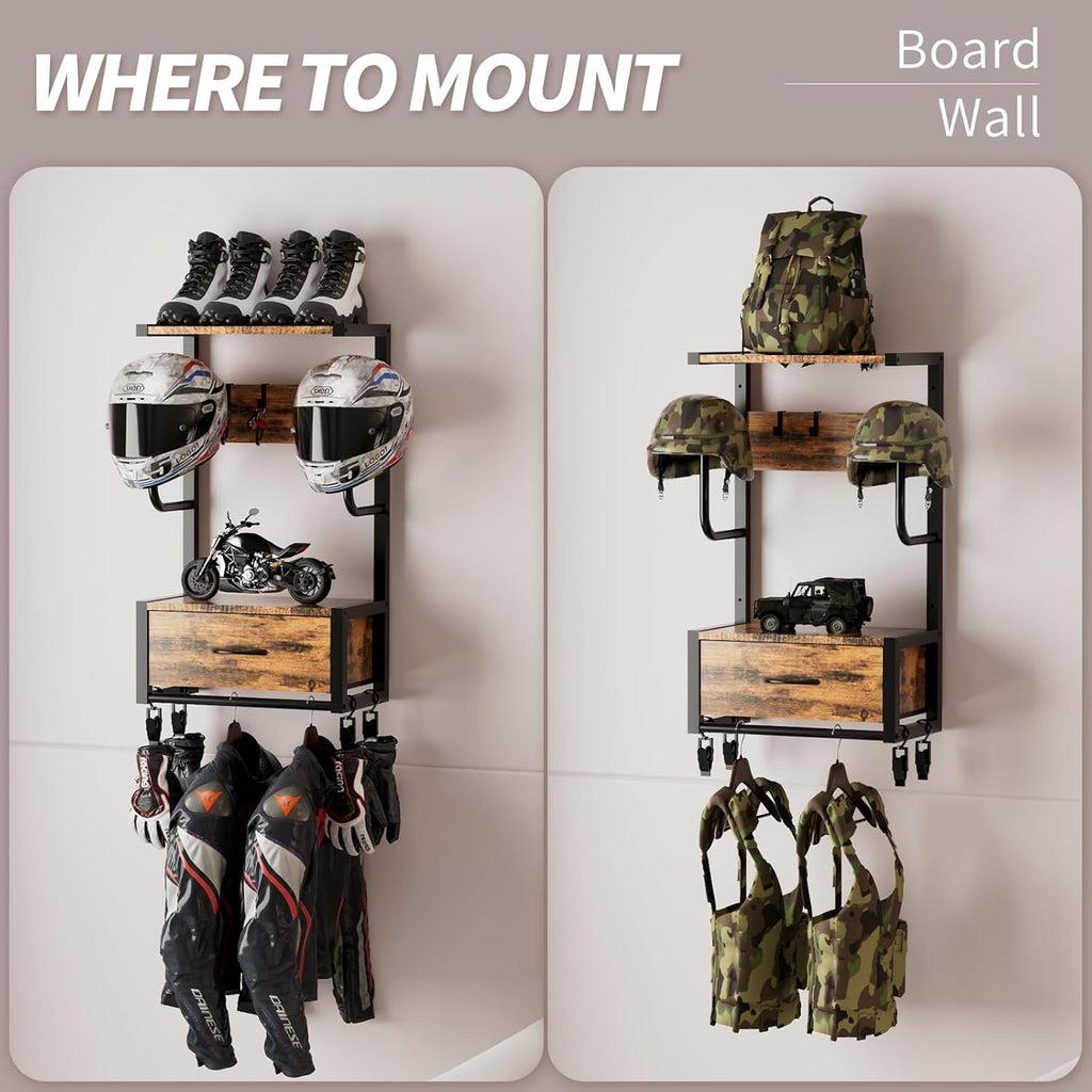 Motorcycle Helmet Holder Wall Mounted, Helmet Holder Wall Mount with Helmets Rack and Hooks for for 6 Helmets, Riding Suits & Accessories, Sturdy Construction Storage Organizer for Entryway or Garage