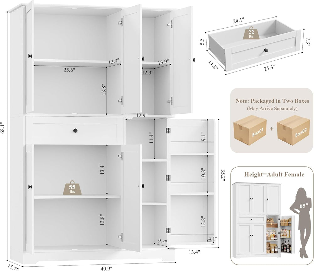 HOSTACK 68" Tall Kitchen Pantry Storage Cabinet with Doors & Shelves...