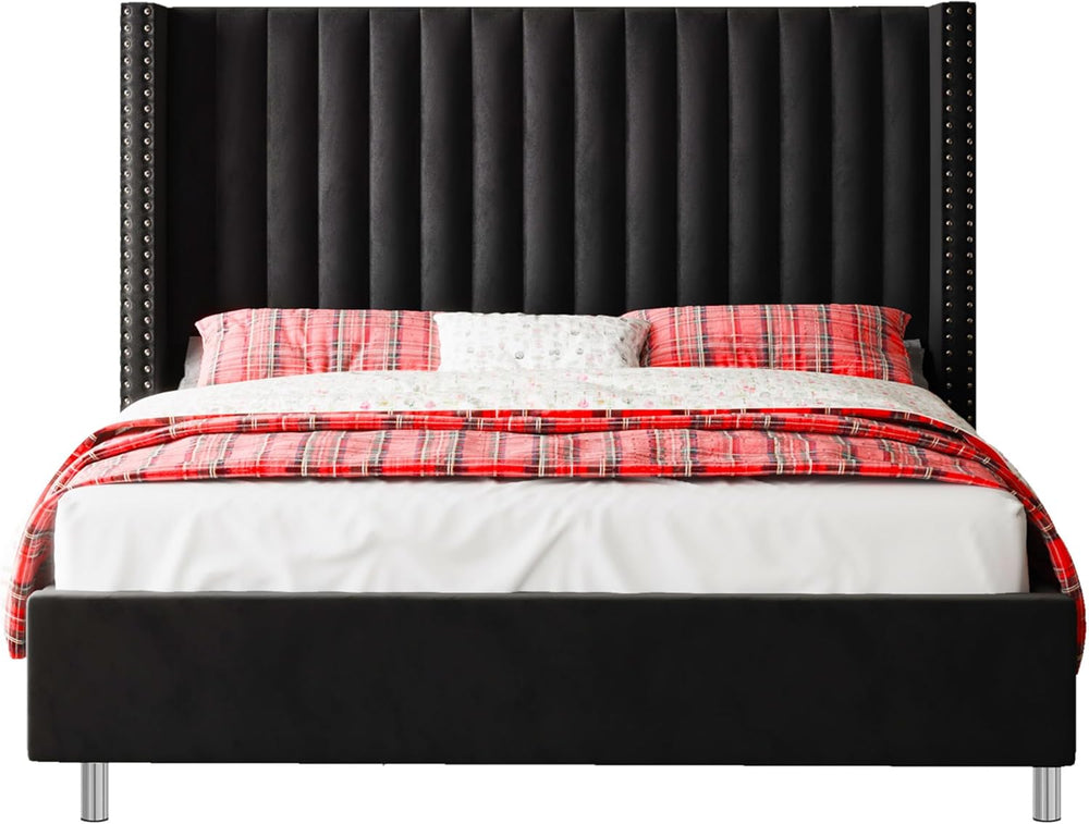 Jocisland Queen Size Bed Frame Velvet Upholstered Wingback Headboard, Black