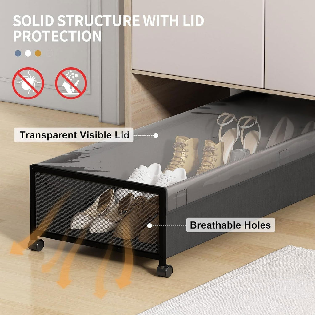 Under Bed Storage with Wheels, XXXL Larger Under Bed Storage Containers with Clear Lids, 36'' Lengthen Under Bed Shoe Organizer, Rolling for Shoes Clothes (Black 1 Pack, XXXL(36"x16.6"x7.48"))