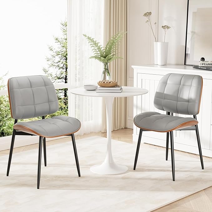 Dining Chairs Set of 2, Mid Century Modern Dining Room Chair, Upholstered Faux Leather Kitchen Chairs with Thick Cushion and Walnut Bentwood Back for Kitchen Dining Room, Grey