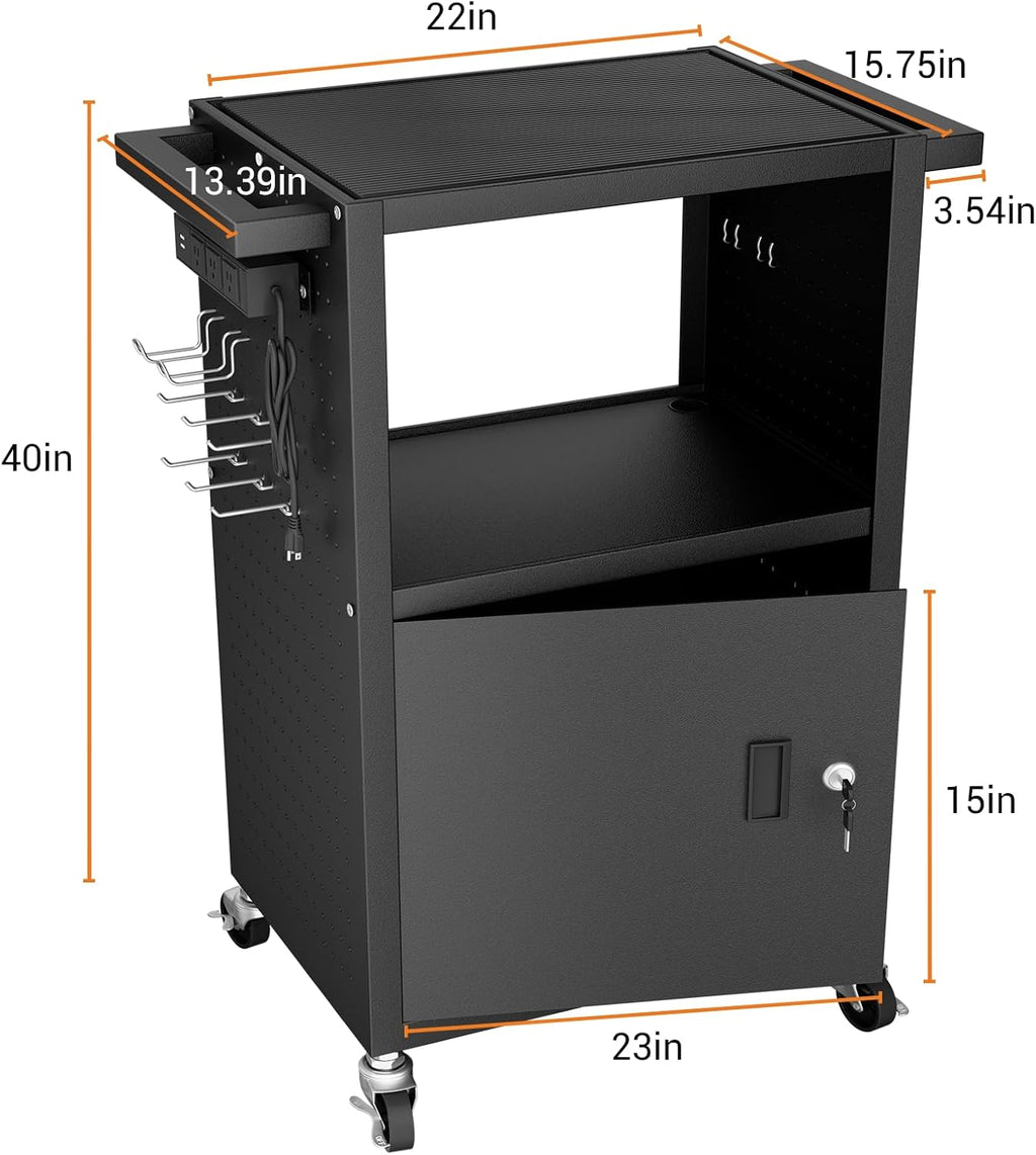 Mobile AV Cart with Push Handles, Heavy Duty Rolling Media Cart with Customized Pegboard & Hooks, Multipurpose Utility Cart with Extra Storage Space, 4 Outlets